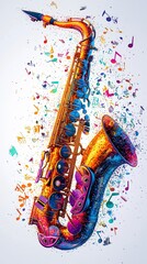 Wall Mural - This multicolor saxophone emitting dynamic musical notes encapsulates the essence of musical diversity and the harmonious blend of artistic creativity and sound.