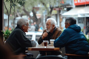 Wall Mural - Diversity old men talk together restaurant adult table.