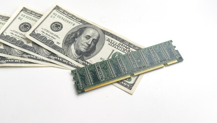 Sticker - Computer CPU and memory chips on US dollar banknotes background. The high cost of microelectronics concept