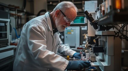 Poster - scientist conducting experiments in a laboratory setting with advanced equipment during evening hour