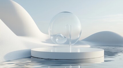 Poster - a serene glass orb floating on a circular platform amid gentle waves in a tranquil, minimalist lands