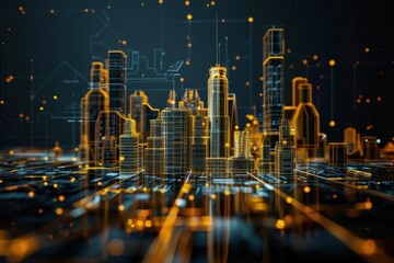 Canvas Print - Glowing wireframe of smart city architecture futuristic metropolis.