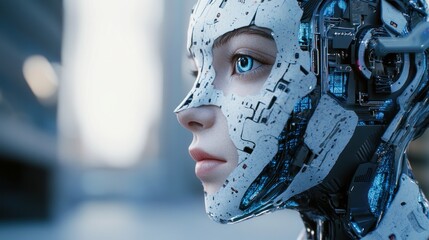 Poster - A close-up of a futuristic humanoid robot with intricate circuitry and a realistic face.