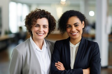 Wall Mural - 2 diverse business women smiling office adult.