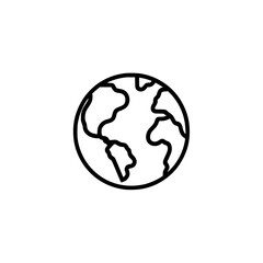 Minimalistic black and white line drawing of a globe representing Earth, highlighting continents with simple outlines on a plain white background.