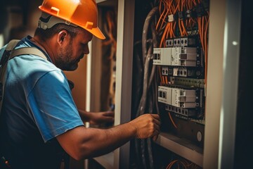 Poster - Engineer fixing electric box in the construction house hardhat helmet adult.