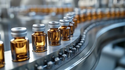 Poster - A conveyor belt with many bottles of medicine on it