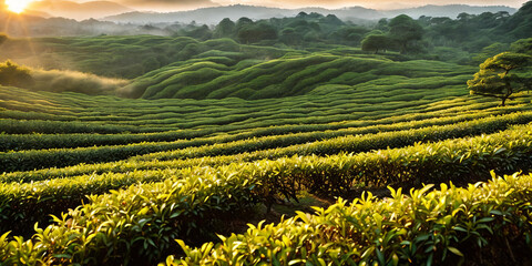 Wall Mural - Sunset casts a warm glow over lush tea plantations