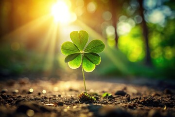 Wall Mural - Green clover leaf on ground with sunlight silhouette