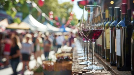 Wine glasses and bottles line a wooden counter at the Bordeaux wine festival, where colorful tents and festive decorations enhance the vibrant atmosphere of the street