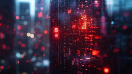 Poster - Abstract digital landscape with glowing red data elements and a futuristic city backdrop.