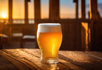 frothy beer glass resting textured wooden surface capturing lively essence craft beer culture, foam, pub, lager, ale, bubbles, refreshing, golden, frosty