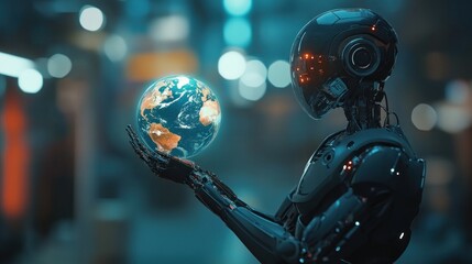 Poster - A futuristic robot holds a glowing globe, symbolizing technology and environmental awareness.
