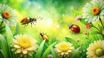 Green flower garden background with insects like ladybug and silver plant silhouette