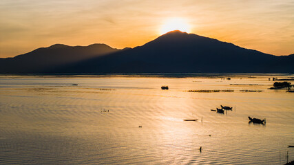 View panoramic of dawn on Quang Loi lagoon in Tam Giang lagoon, Hue City, Vietnam.