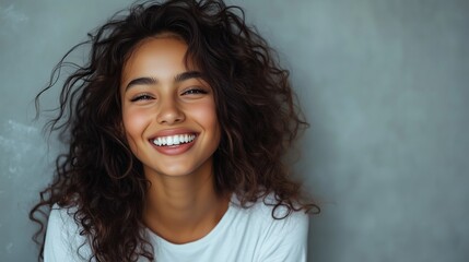 Wall Mural - A happy woman with curly hair wearing a white t-shirt, laughing and looking at the camera