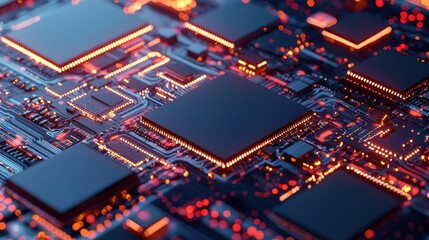 Poster - Close-up of a circuit board showcasing intricate electronic components and illuminated pathways, highlighting technology and innovation.