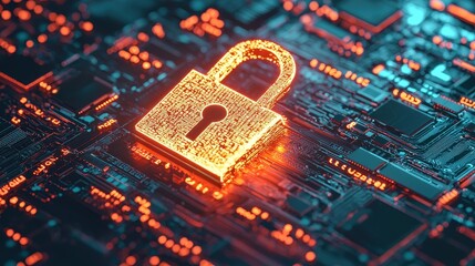 Poster - A glowing padlock sits on a digital circuit board, symbolizing cybersecurity and data protection in a high-tech environment.
