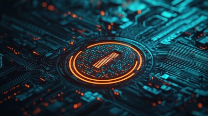 Poster - A vibrant digital circuit board featuring intricate patterns and an illuminated center, showcasing a blend of blue, green, and orange hues.