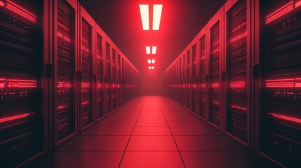 Poster - A dimly lit corridor lined with server racks, illuminated by red lights, creating a futuristic and intense atmosphere.