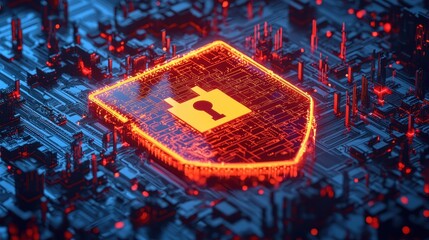 Poster - A digital shield icon glows on a circuit board, symbolizing cybersecurity and protection in a modern tech environment.