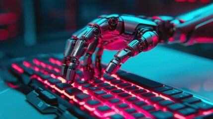 Poster - a robotic hand typing on a keyboard with vibrant red and blue lighting, showcasing advanced technolo