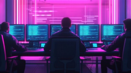 Poster - A group of programmers collaborates in a neon-lit room, working on multiple screens filled with code, highlighting a modern tech environment.