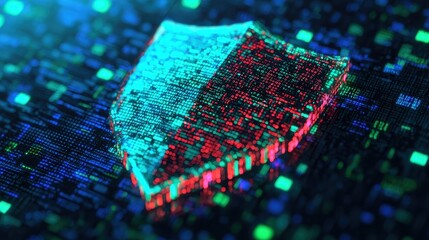 Poster - A digital shield symbolizing cybersecurity, surrounded by colorful data patterns, representing protection and digital defense in the online world.