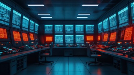 Poster - A futuristic control room with multiple screens displaying data, illuminated by blue and red lights, conveying a high-tech atmosphere.