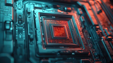 Poster - The image shows a close-up of a computer processor with intricate circuits and a glowing red center, highlighting technological complexity.