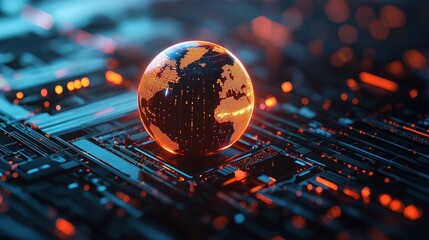 Poster - A glowing globe rests on a digital circuit board, symbolizing the fusion of technology and the Earth in a futuristic design.
