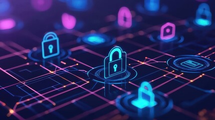 Poster - A digital representation of secure connections featuring glowing padlock icons against a grid, symbolizing cybersecurity and data protection.