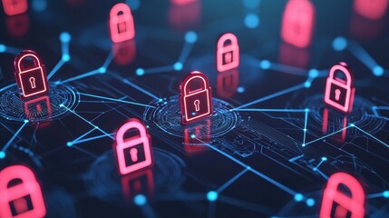 Poster - A digital representation of secure connections featuring multiple padlocks interconnected by a network, symbolizing cybersecurity and data protection.