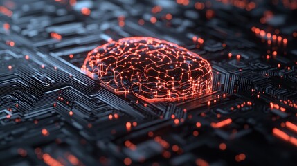 Poster - A glowing brain sits atop a dark, intricate circuit board, symbolizing the intersection of technology and artificial intelligence.