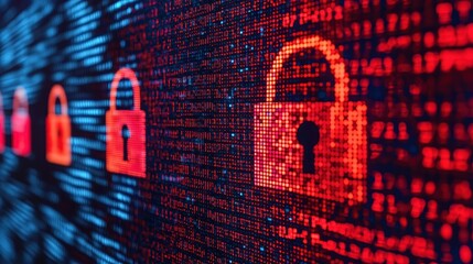 Poster - An abstract digital representation of locks against a vibrant, coded background, symbolizing cybersecurity and data protection.