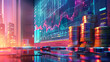 © Zyariss - Stacks of gold coins in front of computer screen with candlestick charts, reflecting city skyline. Concept of financial trading, investment, cryptocurrency, forex, and wealth.