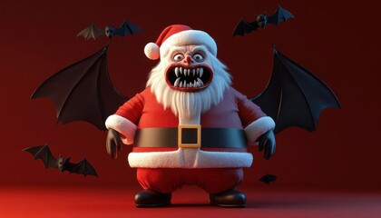 Scary Santa costume, vampire teeth, and eerie bats, Christmas night, 3D illustration,  no blur, photo not dark, everything is clear, copy space