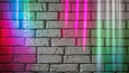 Canvas Print - Neon lights shine on a brick wall creating a colorful background.