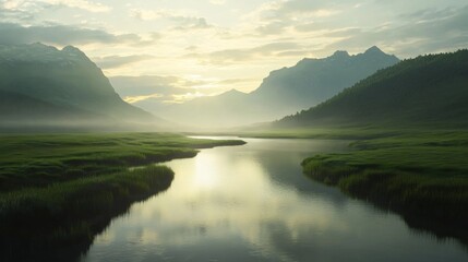 A beautiful mountain range with a river running through it