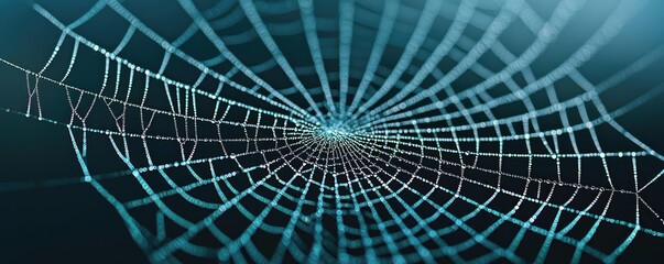 Close-up of a spider web showcasing intricate patterns and drops of dew, set against a dark background, creating a captivating visual.