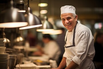 The middle-aged male chef restaurant kitchen adult.