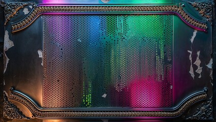 Canvas Print - Colorful neon light shines through a vintage metal grate with an ornate frame.