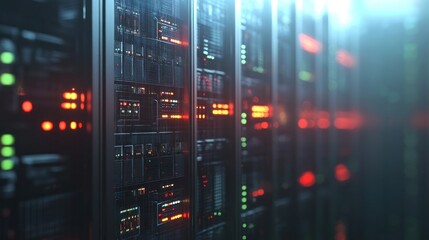 Poster - A close-up view of illuminated server racks in a data center, showcasing technology infrastructure.