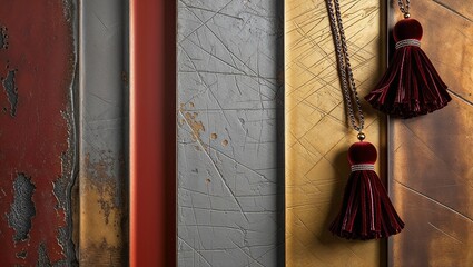 Poster - Burgundy velvet tassels on a textured, gold, grey, and red background.