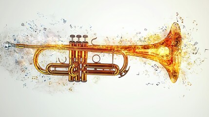 A striking golden trumpet set against a spray of notes and colors, symbolizing artistic flair and musical passion in a classic yet modern design.