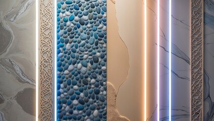 Poster - Abstract wall with textured surfaces, pebble mosaic, and neon lights for modern interior design.