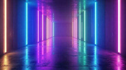 Fototapete - A bold and futuristic neon light flare, featuring glowing neon beams in electric colors like purple, blue, and green, 