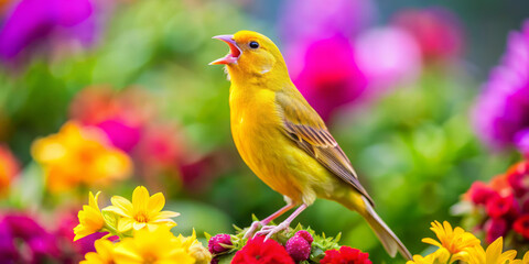  bright yellow canary singing joyfully amidst vibrant flowers, creating lively and colorful scene. cheerful atmosphere is enhanced by surrounding blossoms