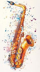 Wall Mural - A colorful saxophone is surrounded by dynamic, swirling musical notes, capturing the lively essence of jazz music in an abstract art style composition.