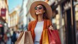 © fotofabrika - A cheerful woman enjoys shopping while carrying colorful bags in a vibrant urban street during daytime